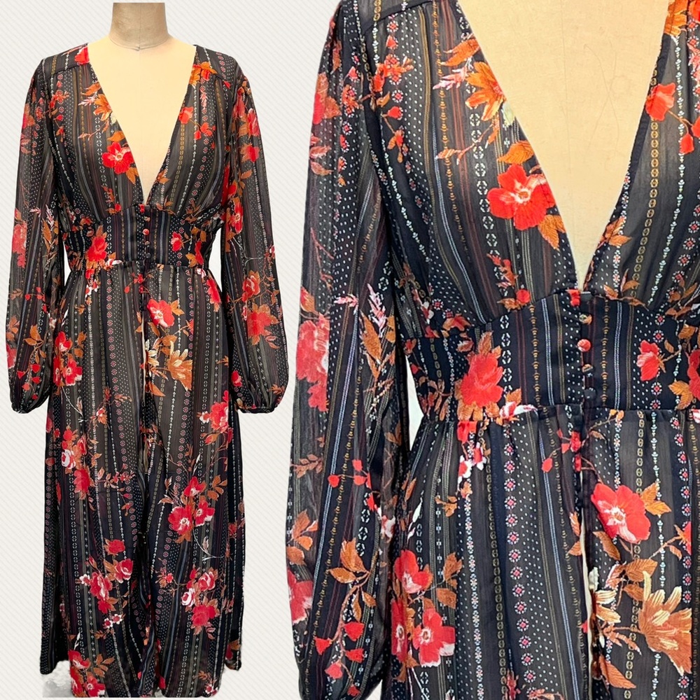 Dark moody floral maxi dress long sleeve‎ sheer open front layering cover up